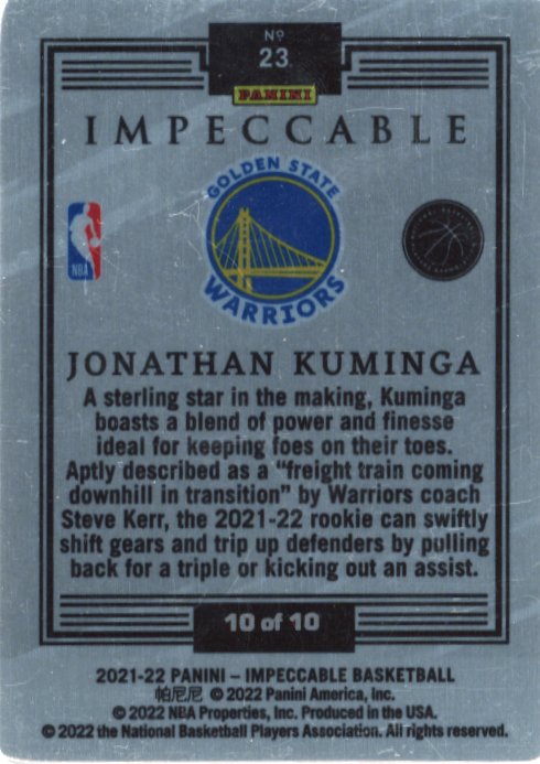 2021/22 Panini Impeccable Jonathan Kuminga RC #23 - #/10 Gold Warriors