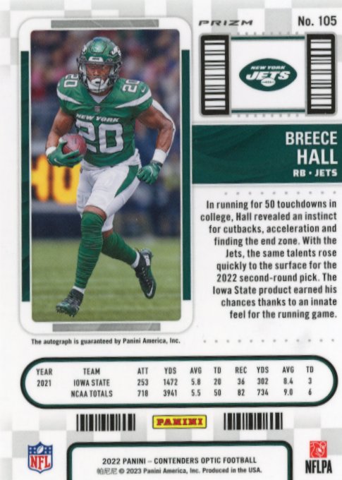 2022 Panini Contenders Optic Breece Hall Rookie Ticket #105 - Silver Autograph Jets