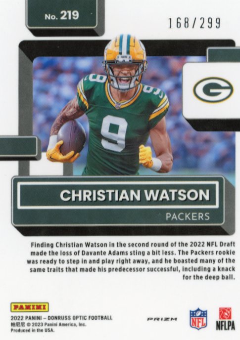 2022 Panini Donruss Optic Christian Watson Rated Rookie #219 - #/299 Aqua Packers