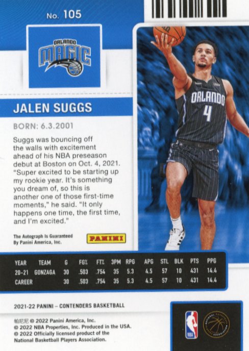 2021/22 Panini Contenders Jalen Suggs Rookie Ticket #105 - Holo Autograph Magic