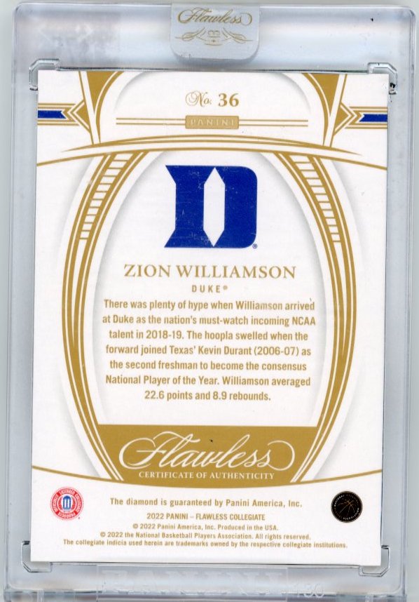 2022 Panini Flawless Zion Williamson #36 - #/10 Diamond Pelicans