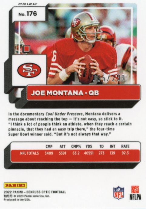 2022 Panini Donruss Optic Joe Montana #176 - #/299 Aqua 49ers