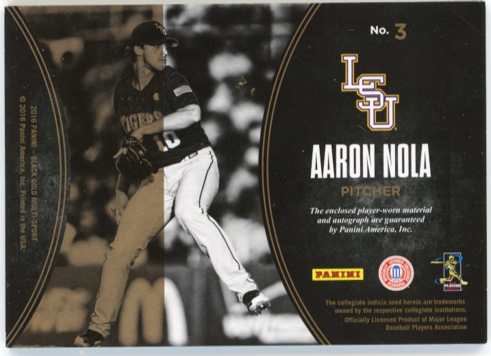 2016 Panini Black Gold Aaron Nola #3 - #/99 Patch Autograph Phillies