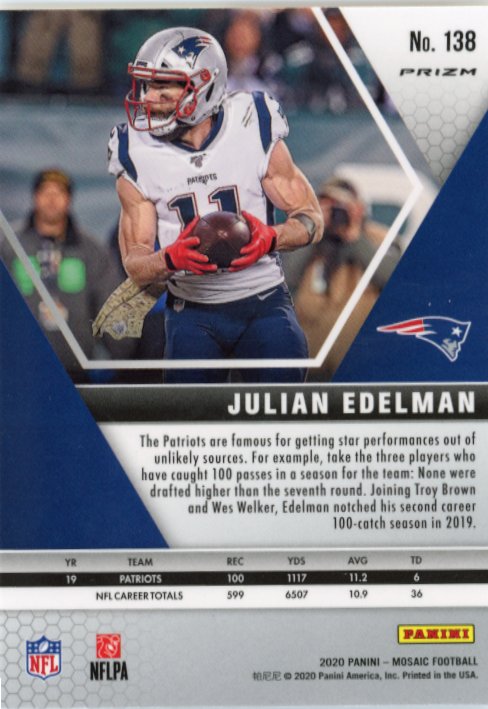 2020 Panini Mosaic Julian Edelman #138 - White Sparkle Patriots