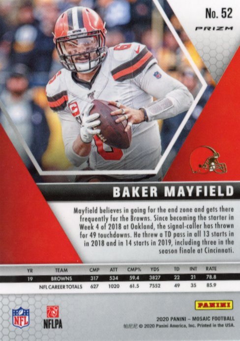 2020 Panini Mosaic Baker Mayfield #52 - White Sparkle Browns