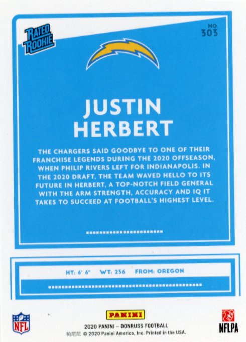 2020 Panini Donruss Justin Herbert Rated Rookie RC #303 - Chargers