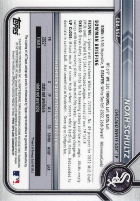 2022 Topps Bowman Chrome Noah Schultz 1st Bowman #CDA-NSZ - Autograph #/250 Purple White Sox