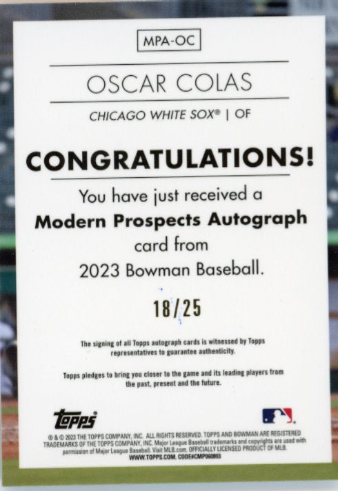2023 Topps Bowman Oscar Colas Modern Prospects #MPA-OC - Autograph Orange #/25 White Sox