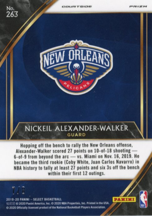 2019/20 Panini Select Nickeil Alexander-Walker RC #263 - #/8 Silver Pelicans