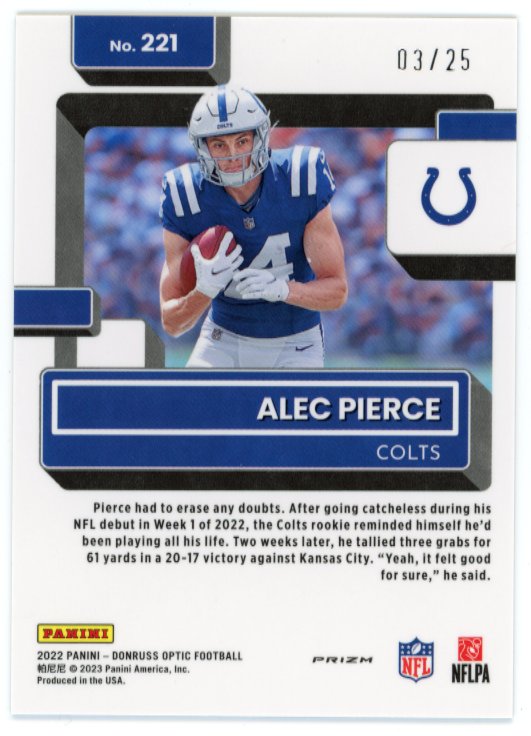 2022 Panini Donruss Optic Alec Pierce Rated Rookie #221 - Black Pandora #/25 Colts
