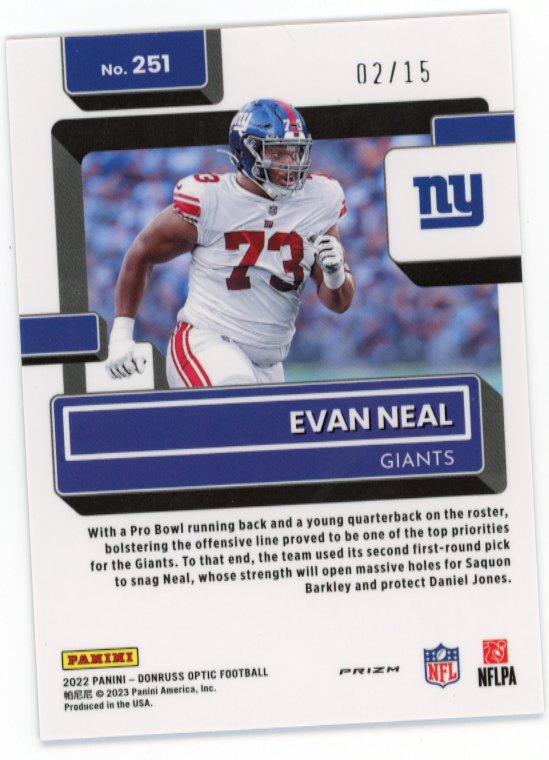 2022 Panini Donruss Optic Evan Neal Rated Rookie #251 - Purple Stars #/15 Giants