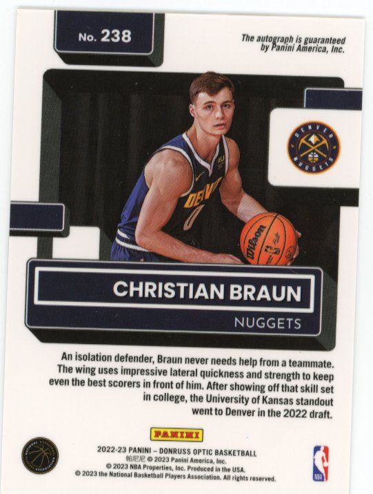 2022/23 Panini Donruss Optic Christian Braun Rated Rookie #238 - Autograph Nuggets