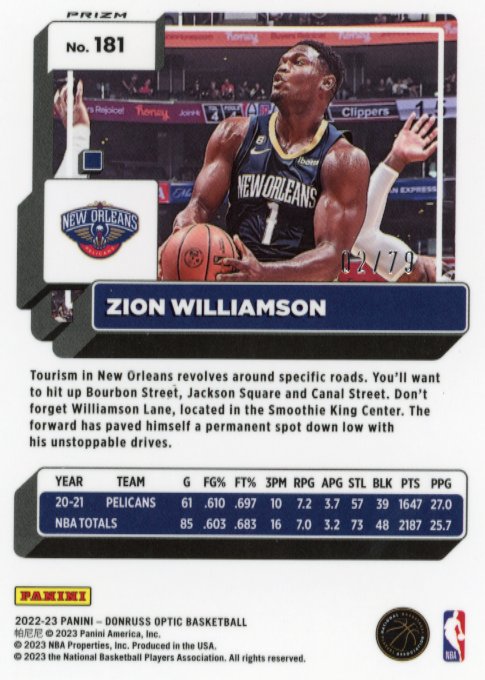 2022/23 Panini Donruss Optic Zion Williamson #181 - Pink Velocity #/79 Pelicans