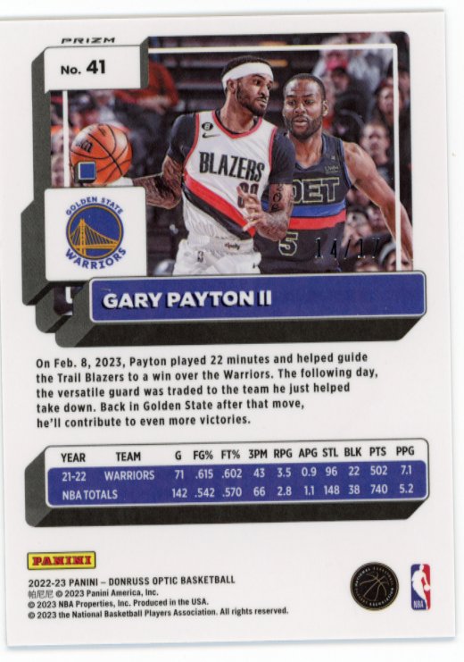 2022/23 Panini Donruss Optic Gary Payton II #41 - Purple Stars #/17 Warriors