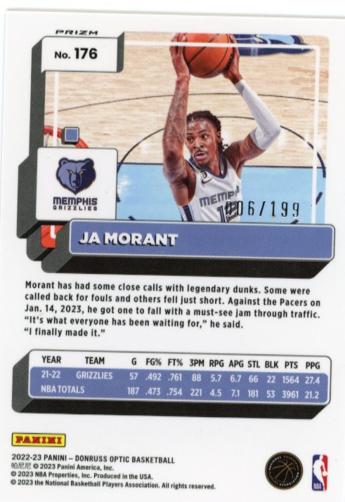 2022/23 Panini Donruss Optic Ja Morant #176 - Orange #/199 Grizzlies