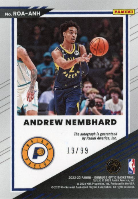 2022/23 Panini Donruss Optic Andrew Nembhard Rookie Optics Autographs RC #ROA-ANH - Autograph #/99 Pacers