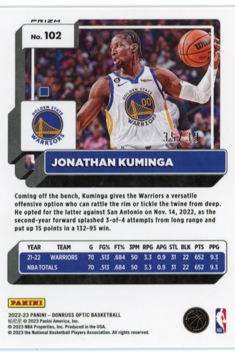 2022/23 Panini Donruss Optic Jonathan Kuminga #102 - Black Velocity #/39 Warriors