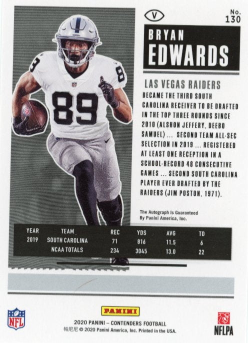 2020 Panini Contenders Bryan Edwards Rookie Ticket RC #130 - Autograph Raiders