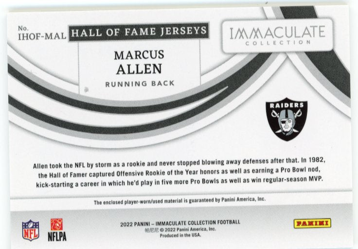 2022 Panini Immaculate Collection Marcus Allen Hall of Fame Jerseys #IHOF-MAL - Relic Gold #/49 Raiders