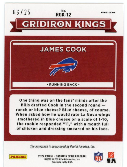 2022 Panini Donruss Optic James Cook Gridiron Kings RC #RGK-21 - Autograph Purple #/25 Bills