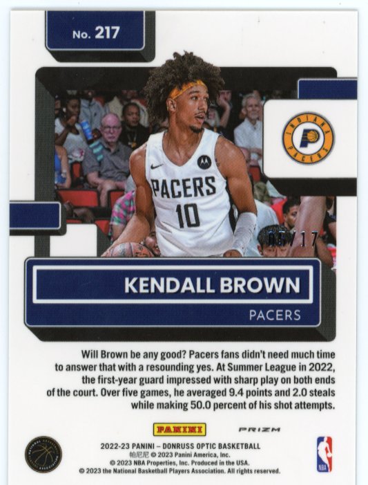 2022/23 Panini Donruss Optic Kendall Brown Rated Rookie #217 - Purple Stars #/17 Pacers