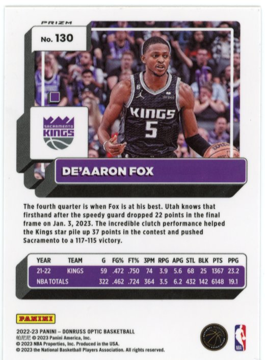 2022/23 Panini Donruss Optic De'Aaron Fox #130 - Photon Kings