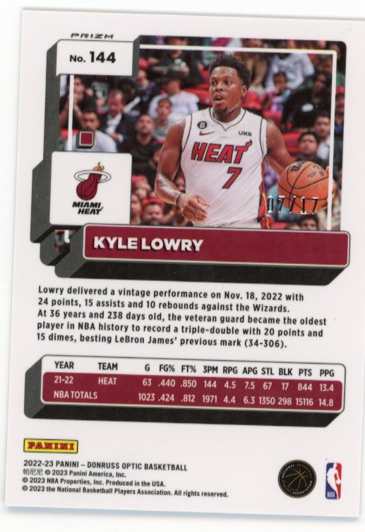 2022/23 Panini Donruss Optic Kyle Lowry #144 - Purple Stars #/17 Heat