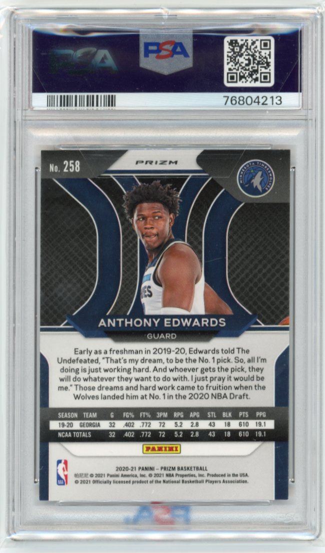 2020/21 Panini Prizm Anthony Edwards RC #258 - Red Ice PSA 9 Timberwolves