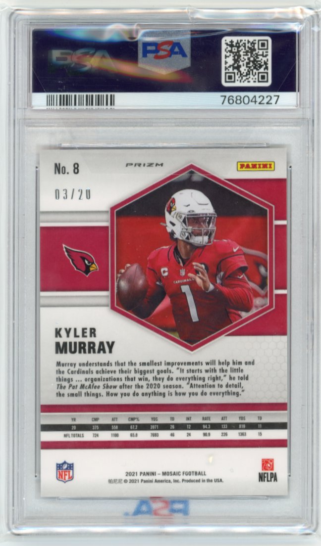 2021 Panini Mosaic Kyler Murray #8 - No Huddle Pink Disco #/20 PSA 10 Cardinals