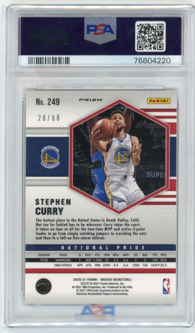 2020/21 Panini Mosaic Stephen Curry National Pride #249 - Fusion Red/Yellow #/88 PSA 10 Warriors