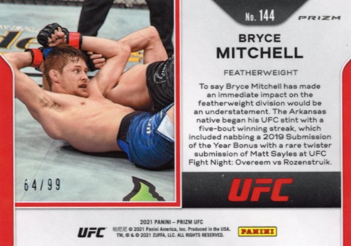 2021 Panini Prizm UFC Bryce Mitchell RC #144 - Orange #/99