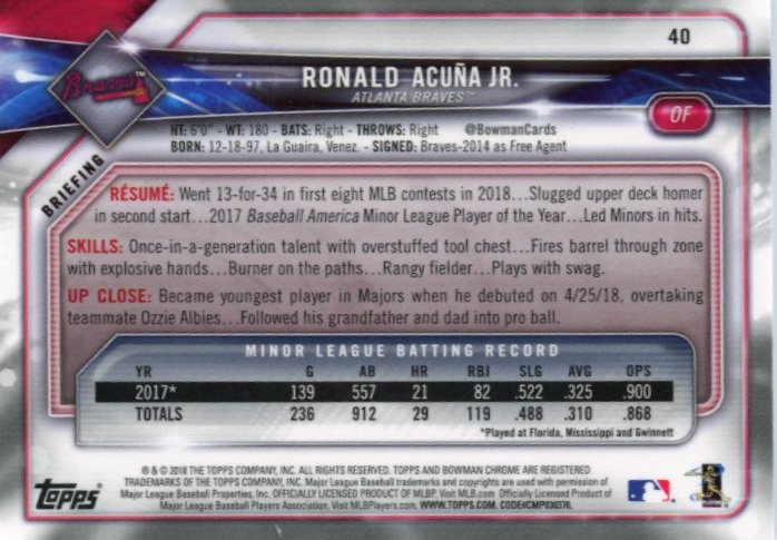 2018 Topps Bowman Chrome Ronald Acuna Jr. RC #40 - Braves