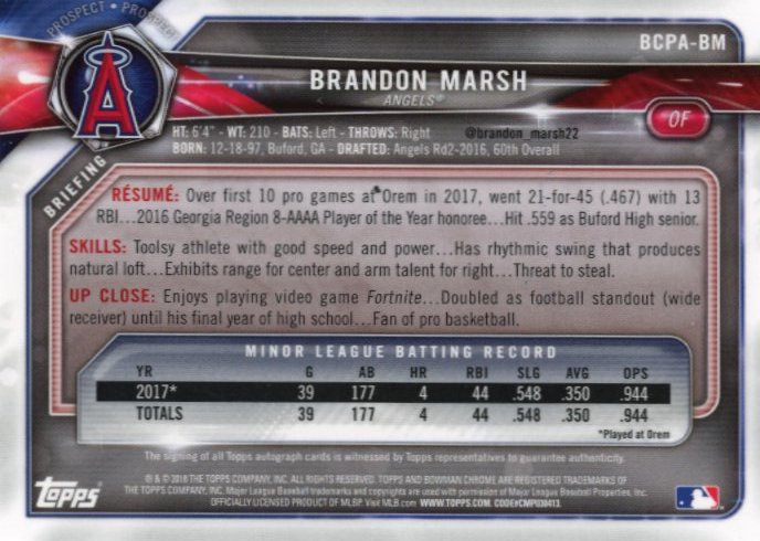 2018 Topps Bowman Chrome Brandon Marsh #BCPA-BM - Blue #/150 Autograph Mojo Angels