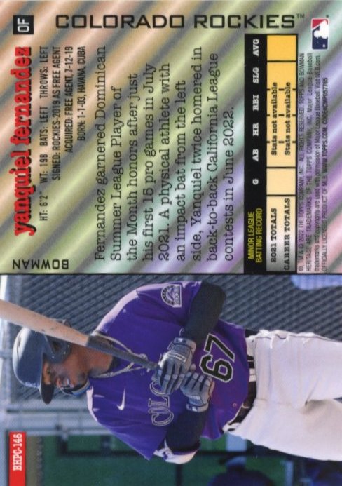 2022 Topps Bowman Yanquiel Fernandez #BHPV-146 - Orange #/25 Rockies