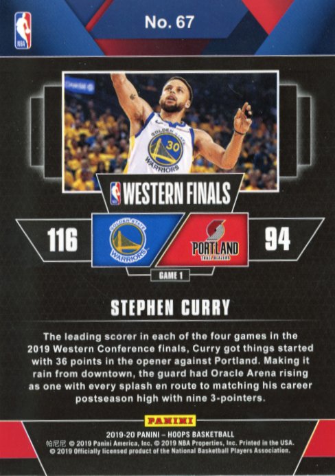 2019/20 Panini NBA Hoops Stephen Curry Road to the Finals #67 - #/499 Warriors