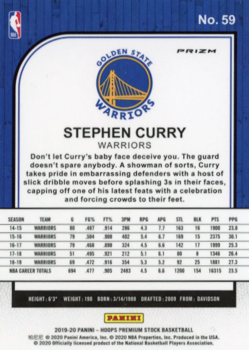 2019/20 Panini NBA Hoops Premium Stock Stephen Curry #59 - Purple Disco Warriors
