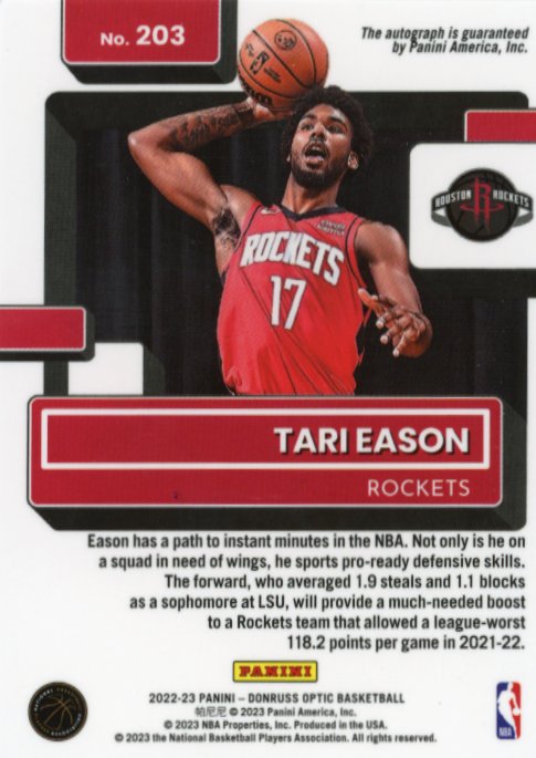 2022/23 Panini Donruss Opic Tari Eason Rated Rookie #203 - Autograph Rockets