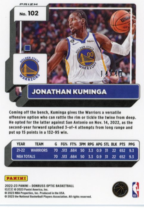 2022/23 Panini Donruss Optic Jonathan Kuminga RC #102 - Blue #/49 Warriors