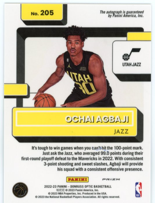 2022/23 Panini Donruss Optic Ochai Agbaji Rated Rookie #205 - Autograph Silver Jazz