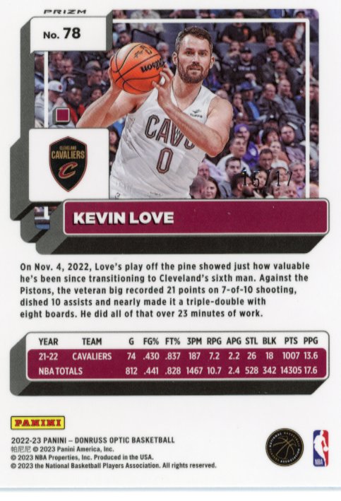 2022/23 Panini Donruss Optic Kevin Love #78 - #/17 Purple Stars Cavilers