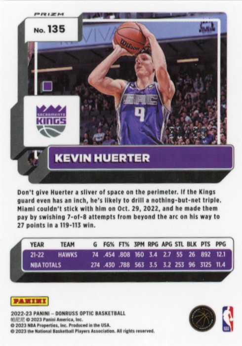2022/23 Panini Donruss Optic Kevin Huerter #135 - Black Velocity #/39 Kings