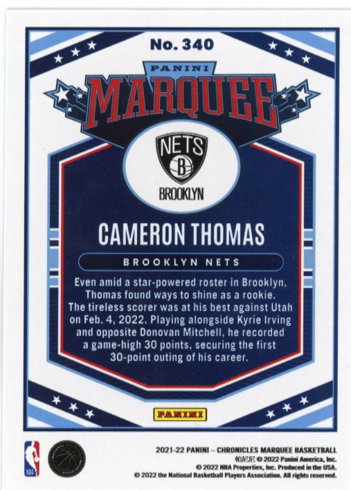 2021/22 Panini Chronicles Marquee Cameron Thomas RC #340 - Orange Nets