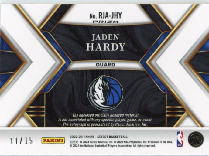 2022/23 Panini Select Jaden Hardy RC #RJA-JHY - Autograph Relic Purple Pulsar #/15 Mavericks
