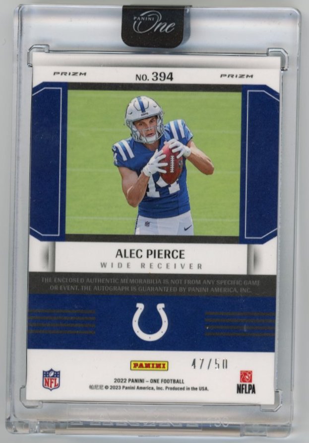 2022 Panini One Alec Pierce Rookie Fractal RC #394 - Autograph Relic #/50 Colts