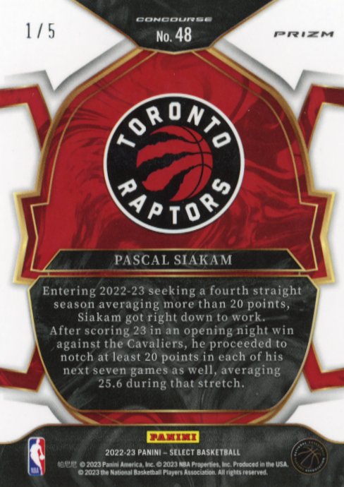 2022/23 Panini Select Pascal Siakam #48 - Concourse Purple Pulsar #/5 Raptors