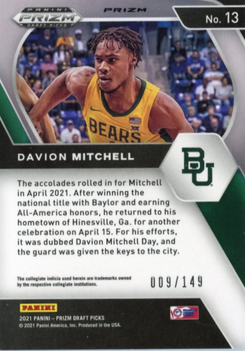 2021 Panini Prizm Draft Picks Davion Mitchell RC #13 - #/149 Purple Cracked Ice Kings