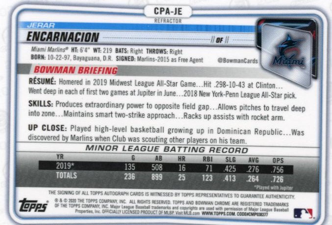 2020 Bowman Chrome Jerar Encarnacion 1st #CPA-JE - #/499 Refractor Autograph Marlins