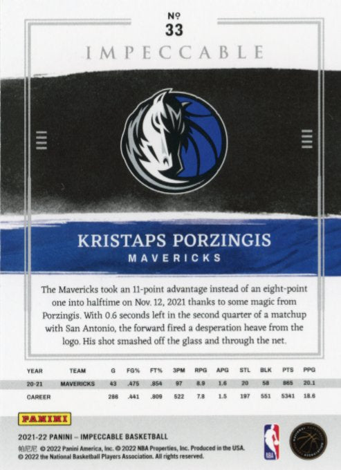 2021/22 Panini Impeccable Kristaps Porzingis #33 - #/25 Mavericks
