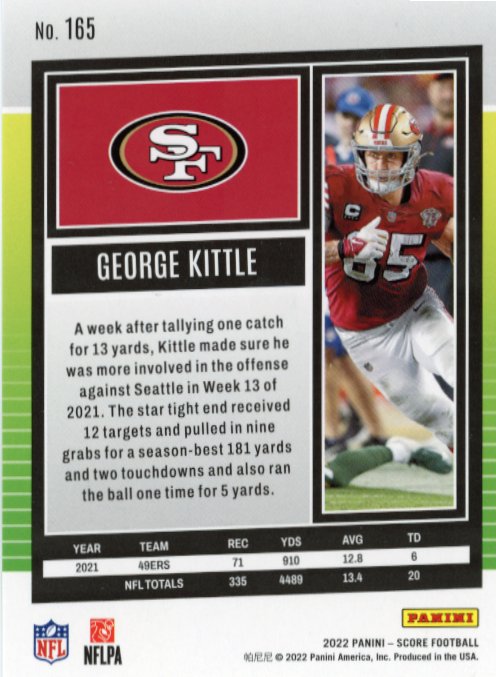 2022 Panini Score George Kittle #165 - Green #/99 49ers