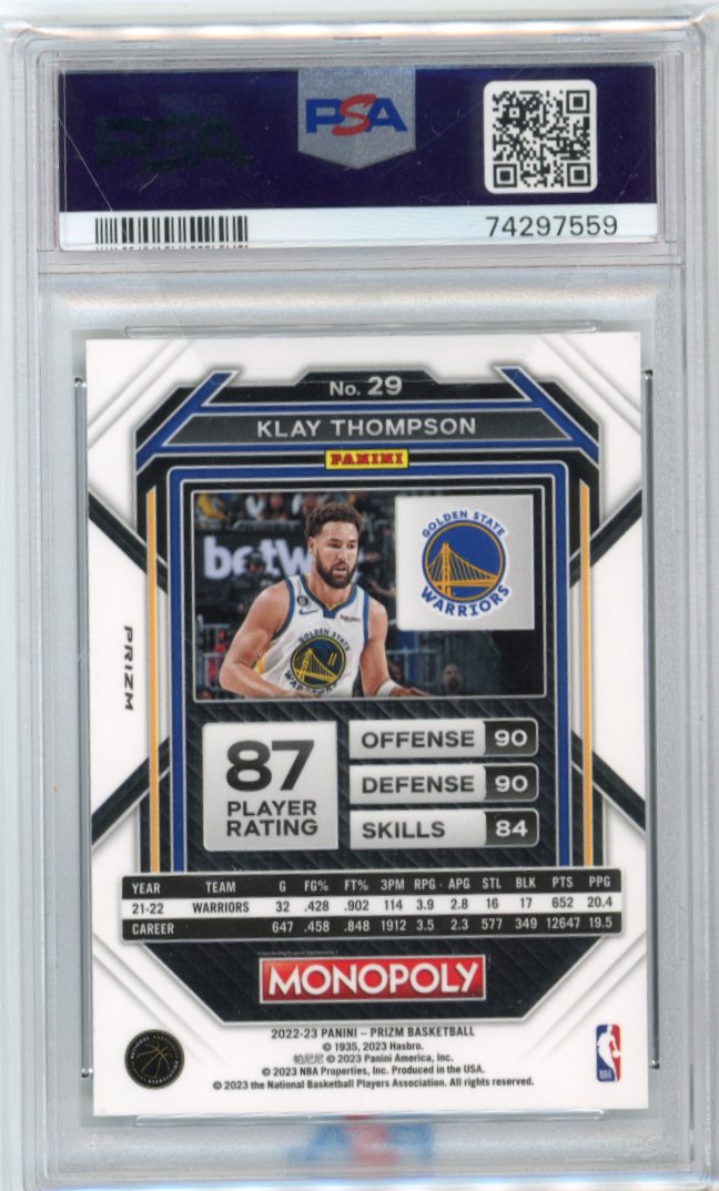 2022/23 Panini Prizm Monopoly Klay Thompson #29 - Go Space PSA 9 Warriors